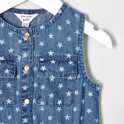 Mini girls blue denim star print jumpsuit